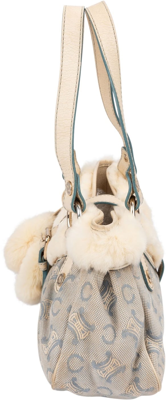 Celine Light Blue Macadam Monogram Canvas Rabbit Fur Shoulder Bag