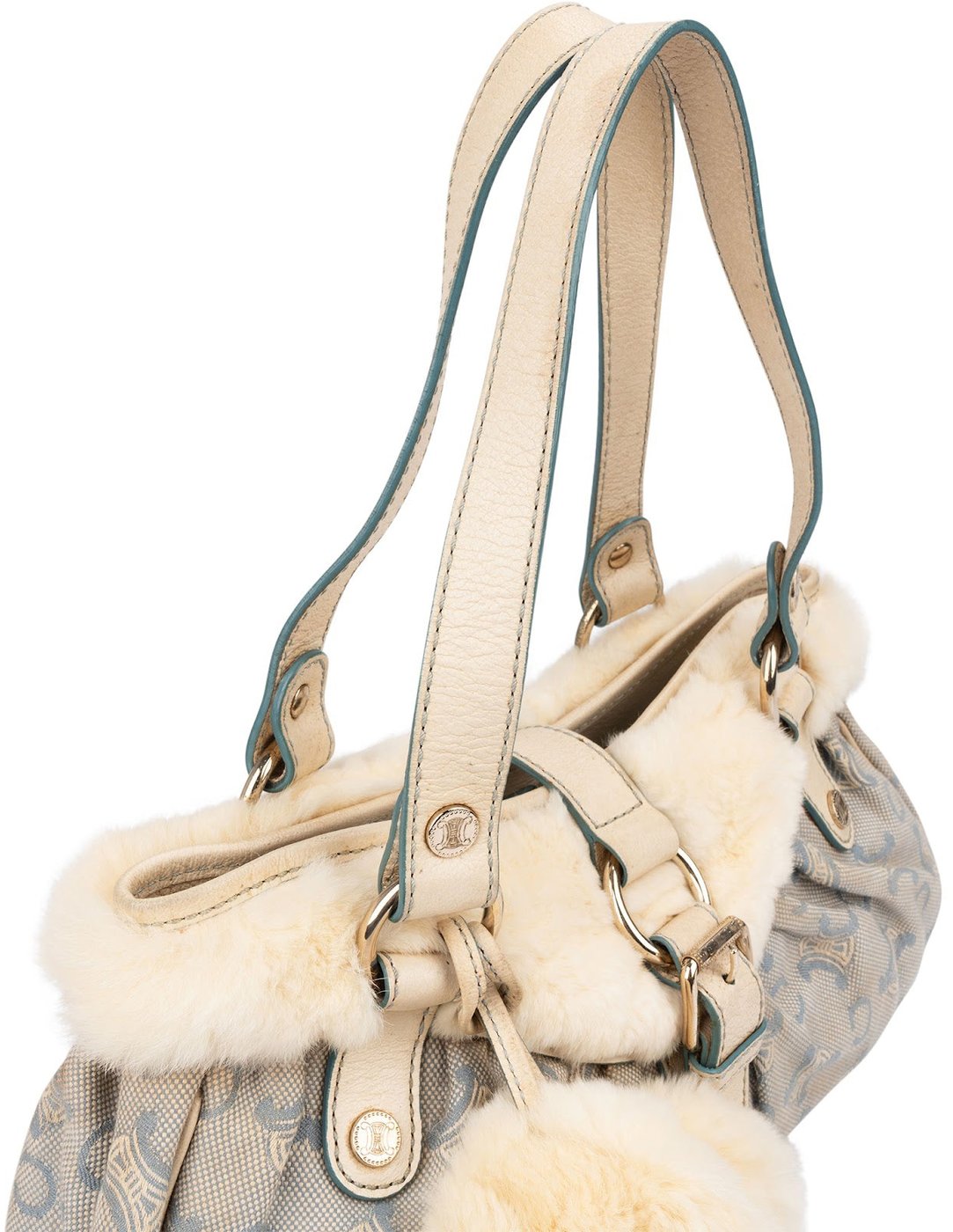 Celine Light Blue Macadam Monogram Canvas Rabbit Fur Shoulder Bag