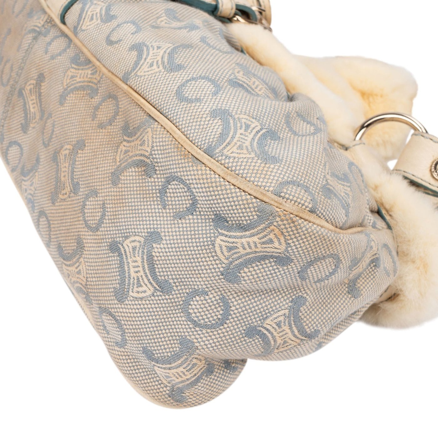 Celine Light Blue Macadam Monogram Canvas Rabbit Fur Shoulder Bag
