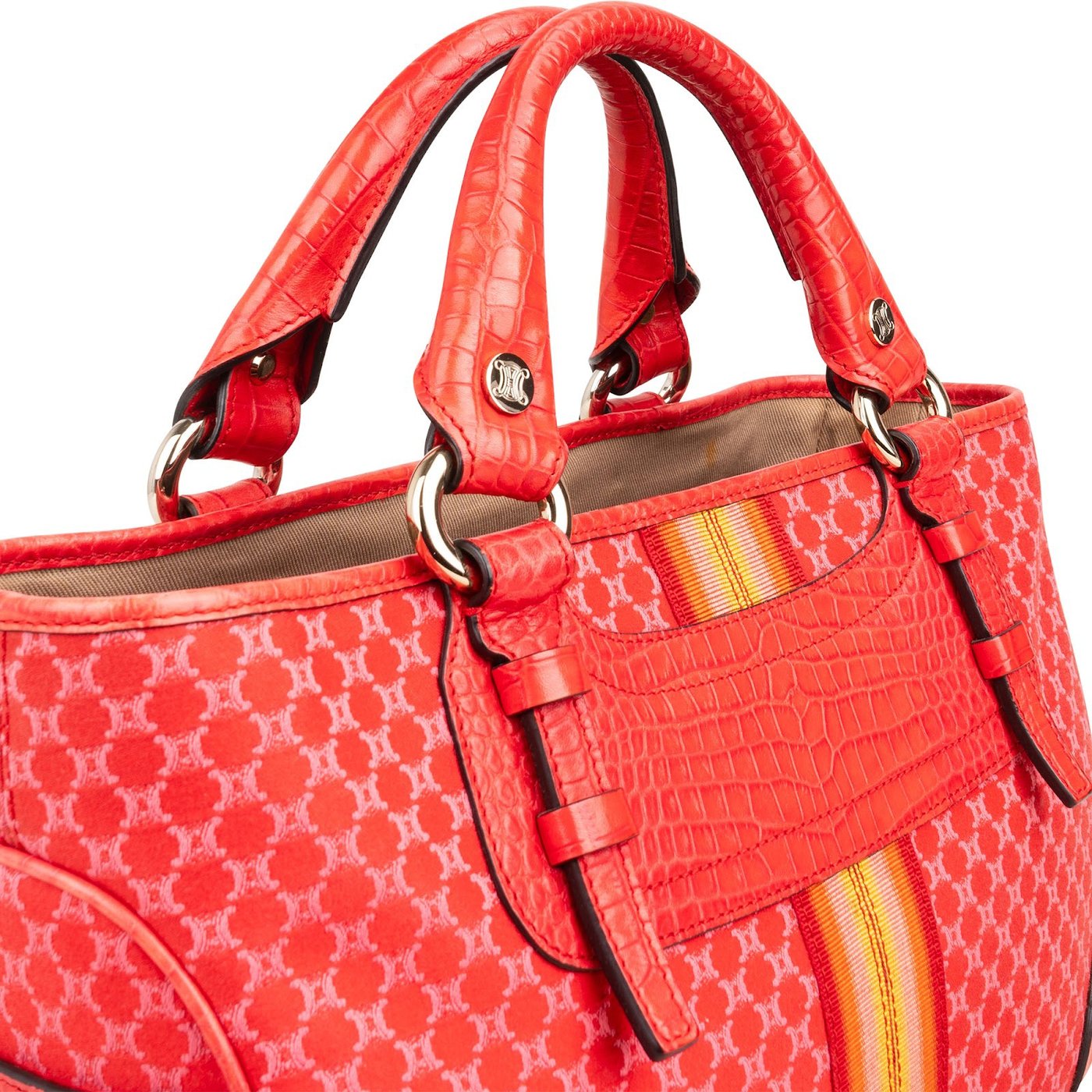 Celine Macadam Monogram Canvas Croc Embossed Leather Striped Boogie Handbag
