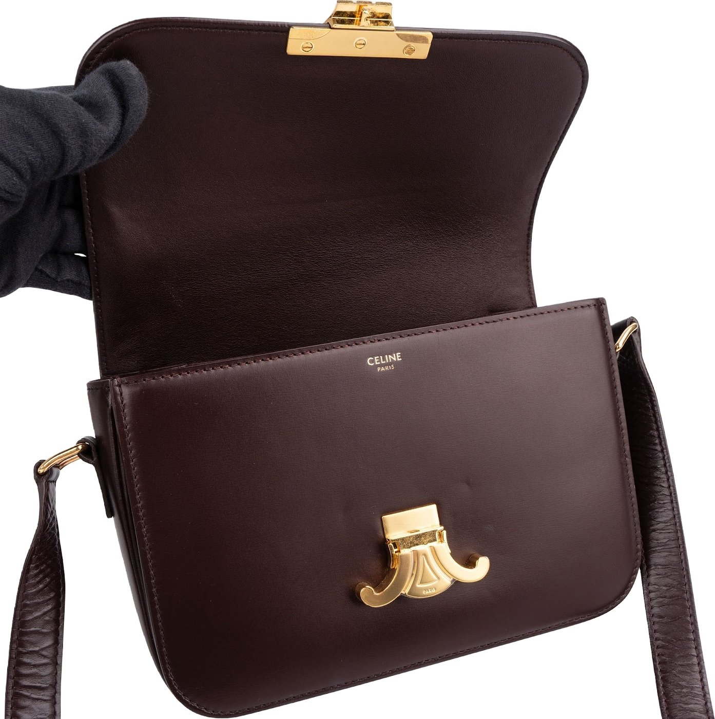Celine Burgundy Classic Boxcalf Leather Triomphe Crossbody Bag