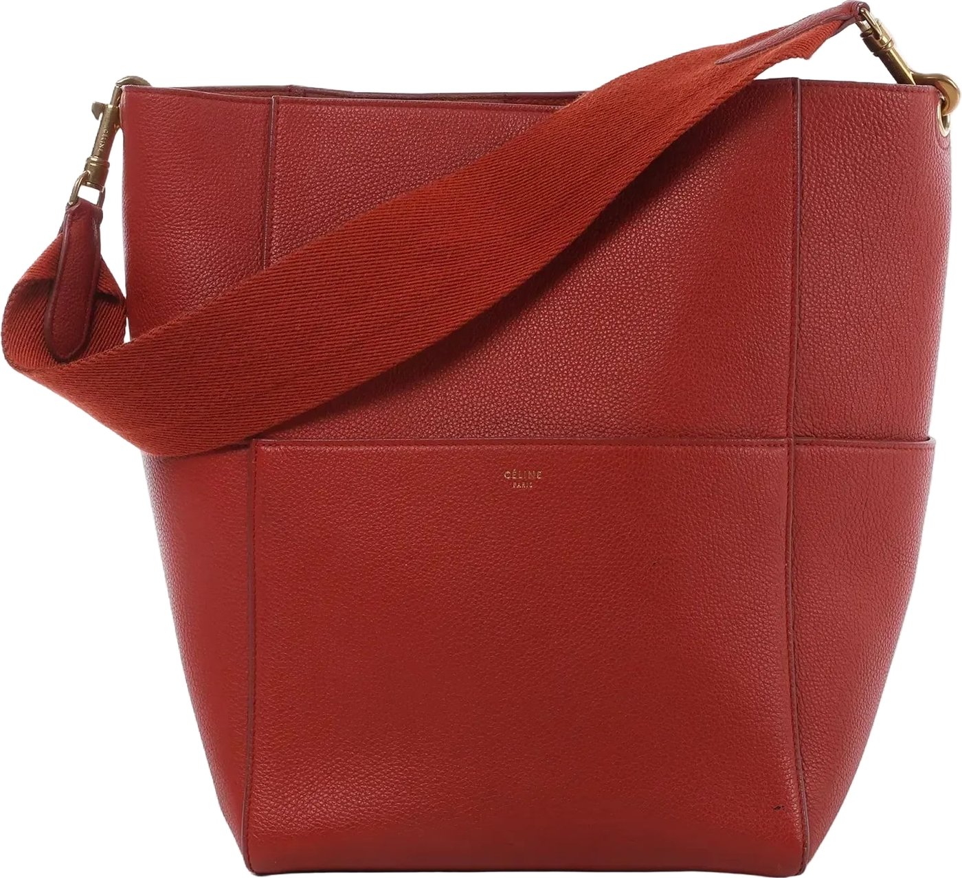 CELINE Seau Sangle Bucket Leather Shoulder Bag in Red