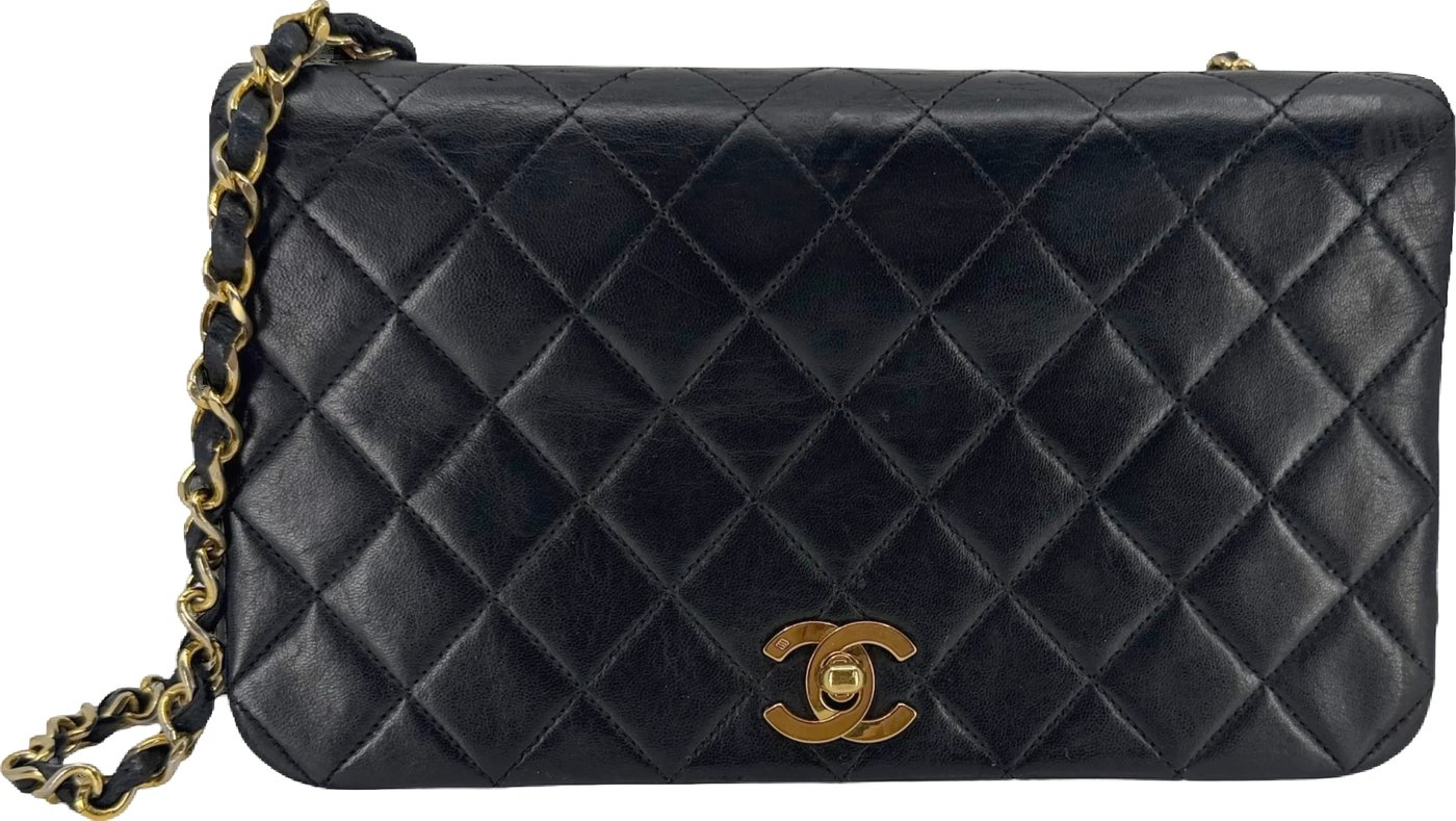 Chanel Vintage Full Flap Bag Lammleder Schwarz Gold 1989-1991