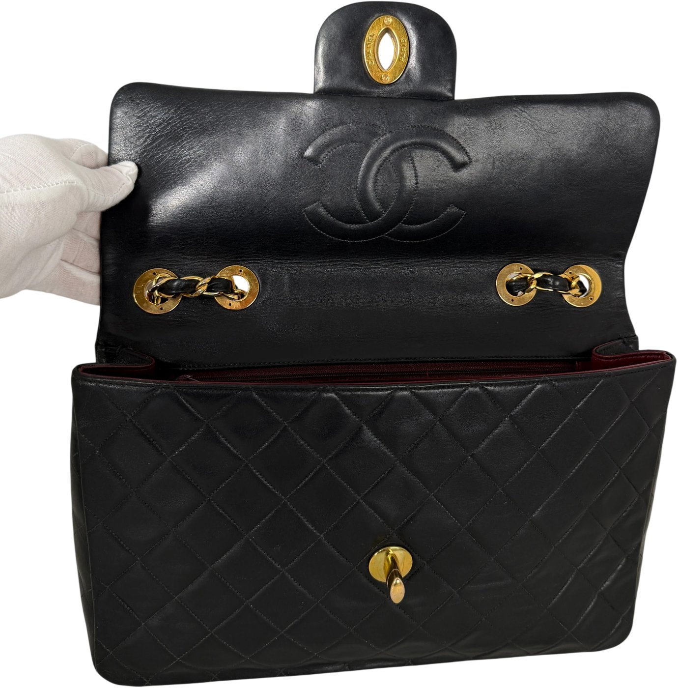 Chanel Vintage Jumbo XL Single Flap Bag Lambskin Black Gold