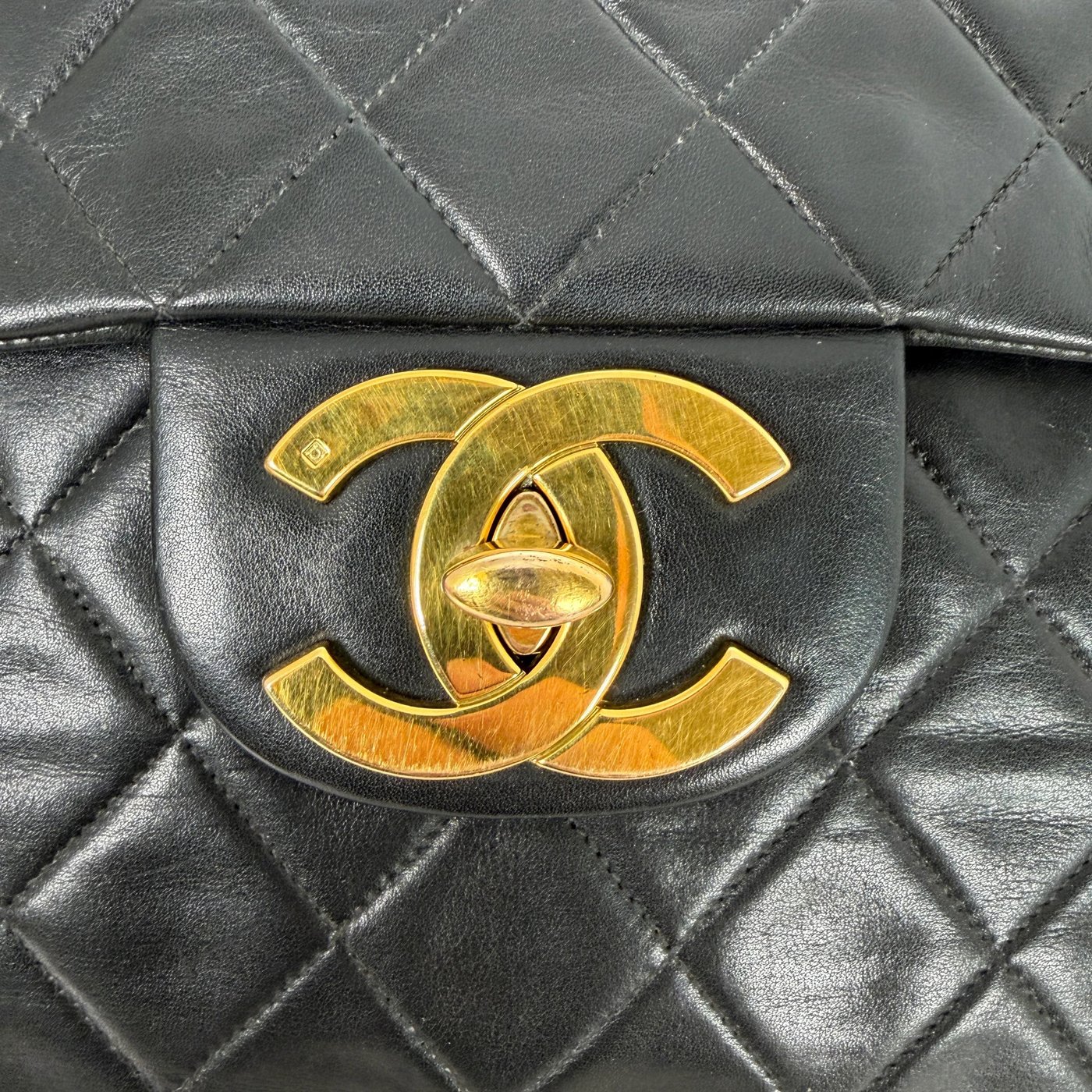 Chanel Vintage Jumbo XL Single Flap Bag Lambskin Black Gold