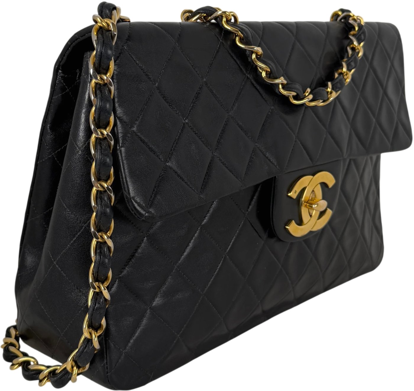 Chanel Vintage Jumbo XL Single Flap Bag Lambskin Black Gold