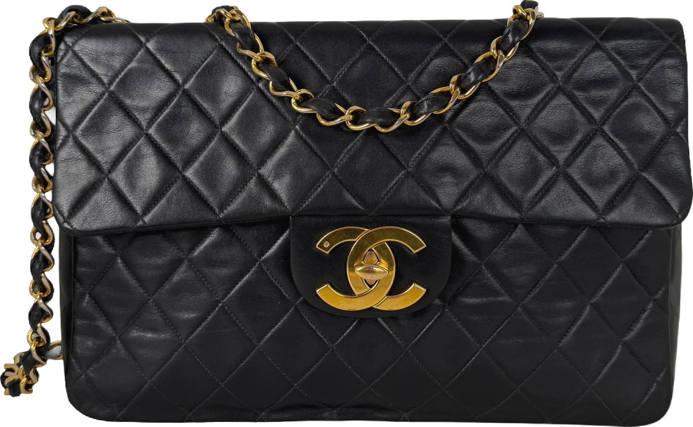 Chanel Vintage Jumbo XL Single Flap Bag Lambskin Black Gold