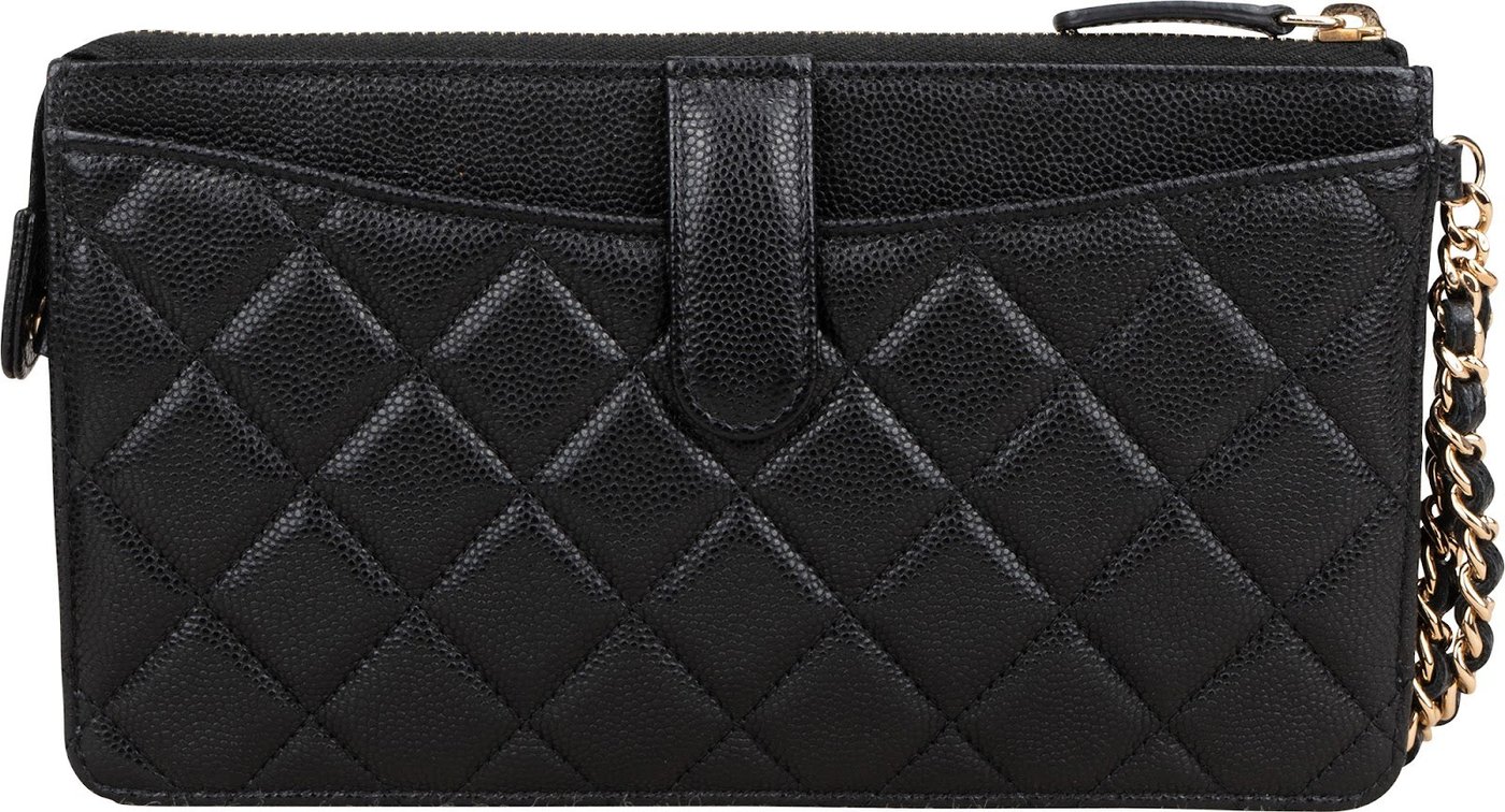 Chanel Quilted Caviar Leather Single Flap Zip Wallet Wristled Clutch