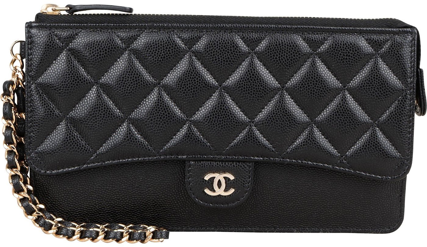 Chanel Quilted Caviar Leather Single Flap Zip Wallet Wristled Clutch