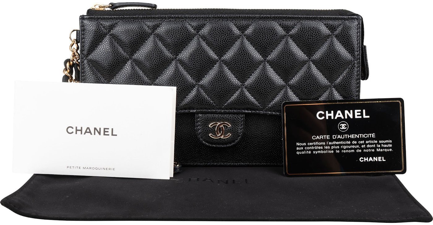 Chanel Quilted Caviar Leather Single Flap Zip Wallet Wristled Clutch