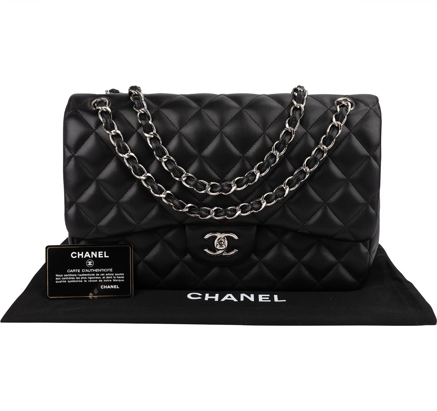 Chanel Quilted Lambskin Palladium Jumbo Double Flap Crossbody Bag