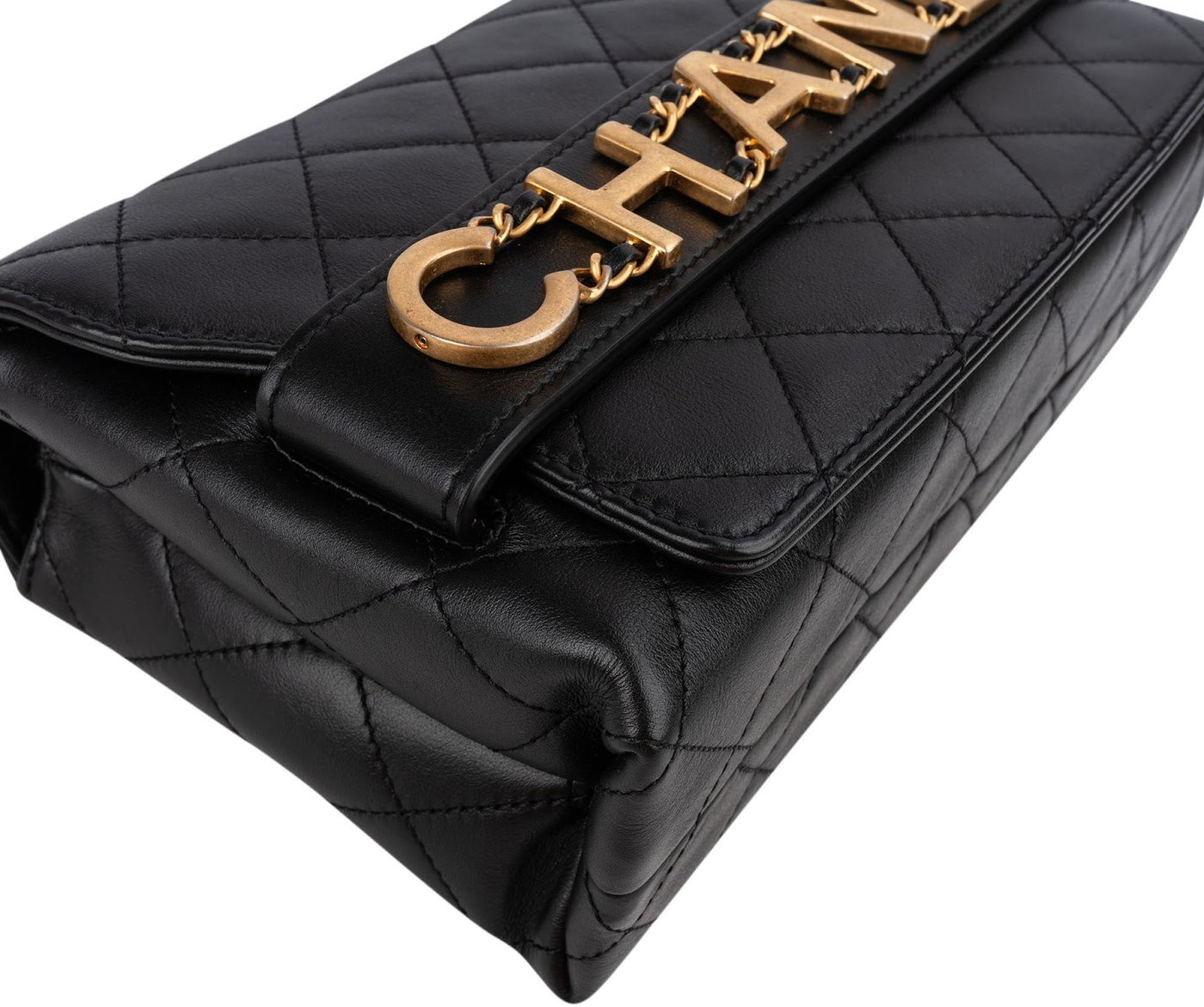Chanel Quilted Lambskin Chain Spellout Letters Single Flap Crossbody Bag