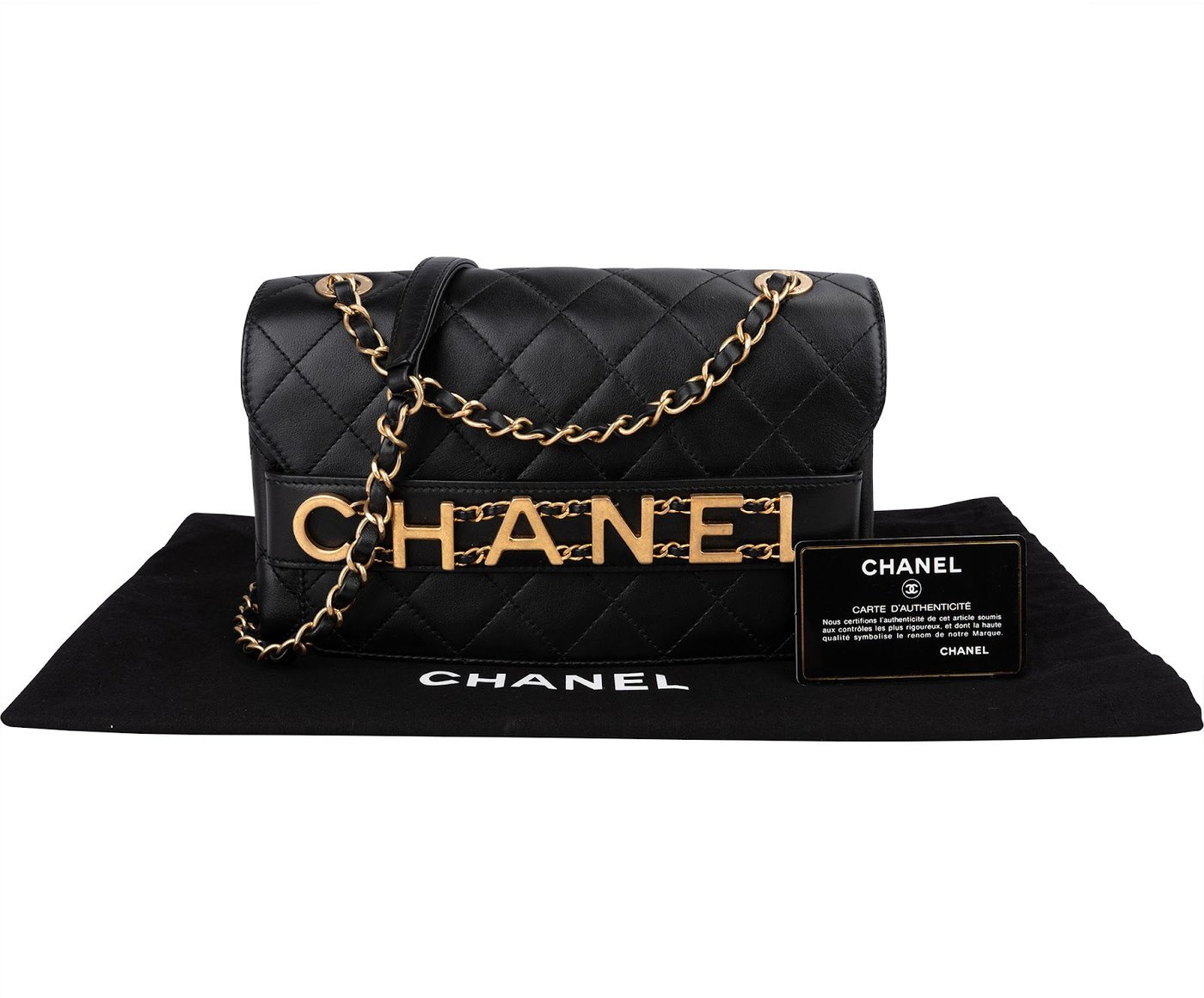Chanel Quilted Lambskin Chain Spellout Letters Single Flap Crossbody Bag