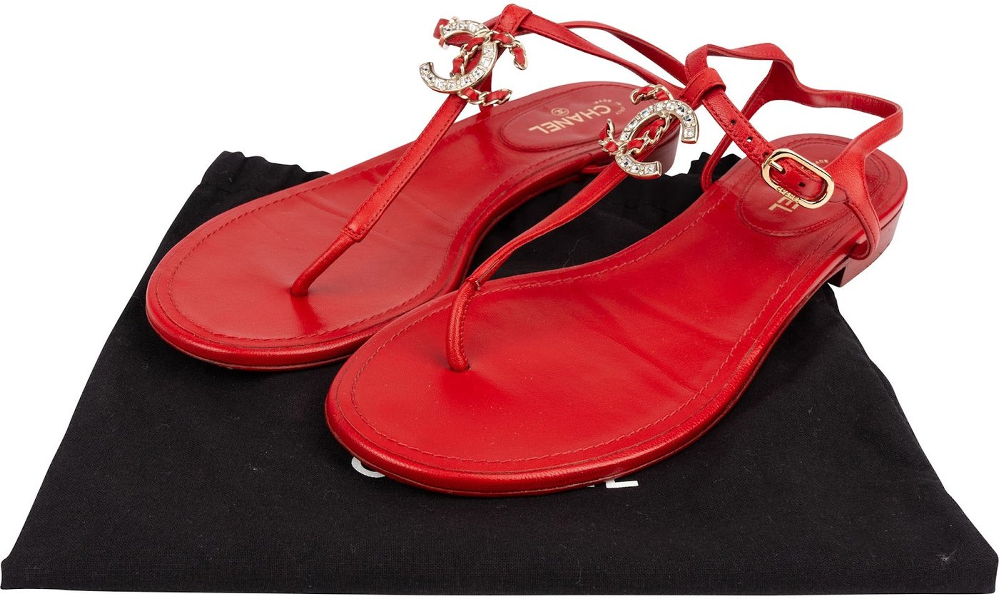 Chanel Red Lambskin Crystal CC Woven Thong Sandals (38)