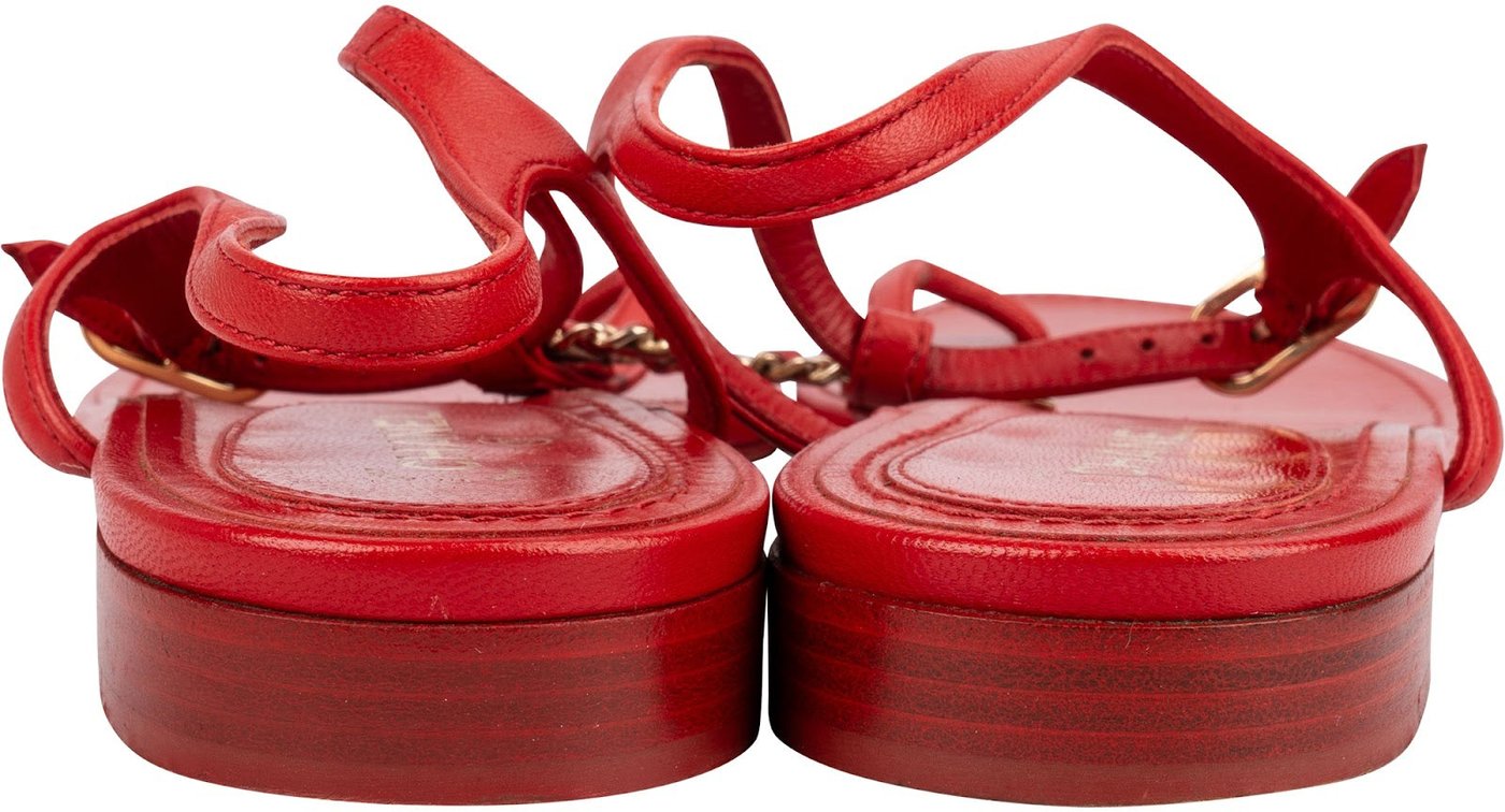 Chanel Red Lambskin Crystal CC Woven Thong Sandals (38)