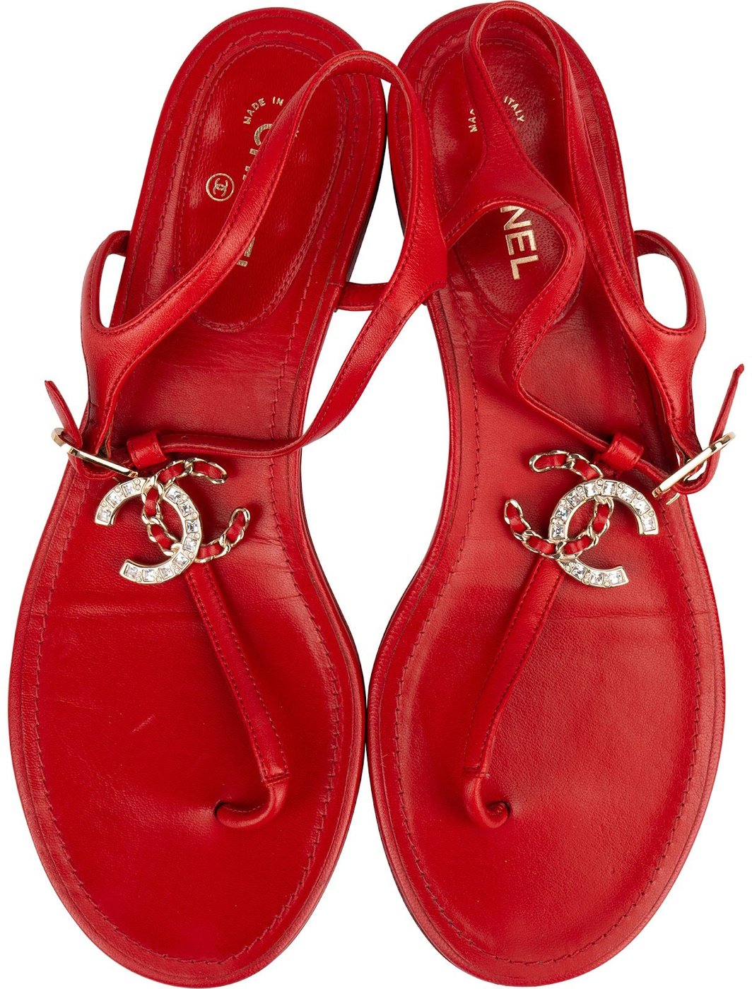 Chanel Red Lambskin Crystal CC Woven Thong Sandals (38)