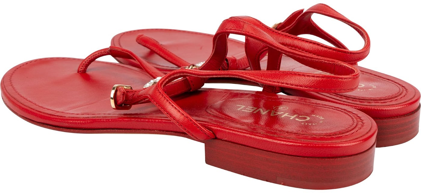 Chanel Red Lambskin Crystal CC Woven Thong Sandals (38)