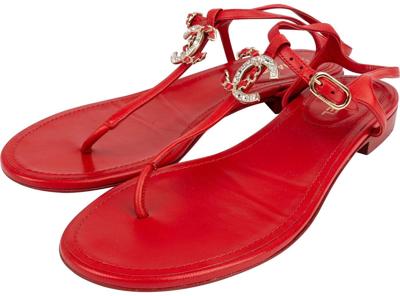 Chanel Red Lambskin Crystal CC Woven Thong Sandals (38)