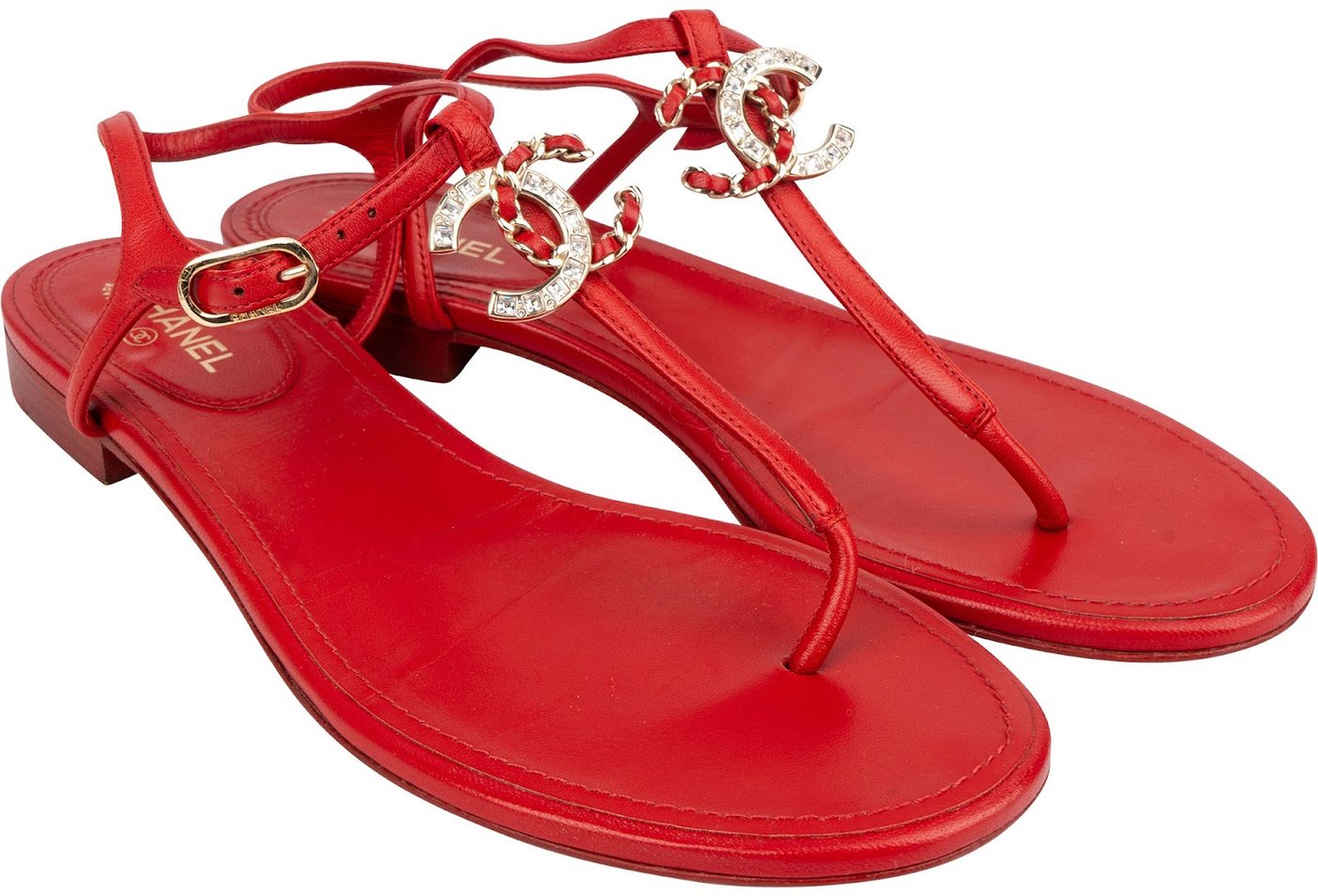 Chanel Red Lambskin Crystal CC Woven Thong Sandals (38)