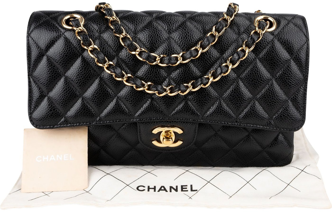 Chanel Quilted Caviar Leather Gold Medium Double Flap Crossbody Bag