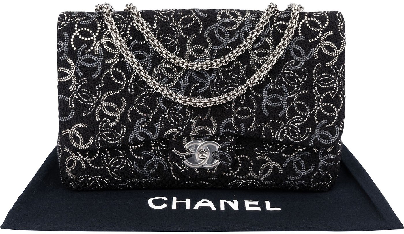 Chanel Sequin Tweed Palladium CC Jumbo Double Flap Crossbody Bag