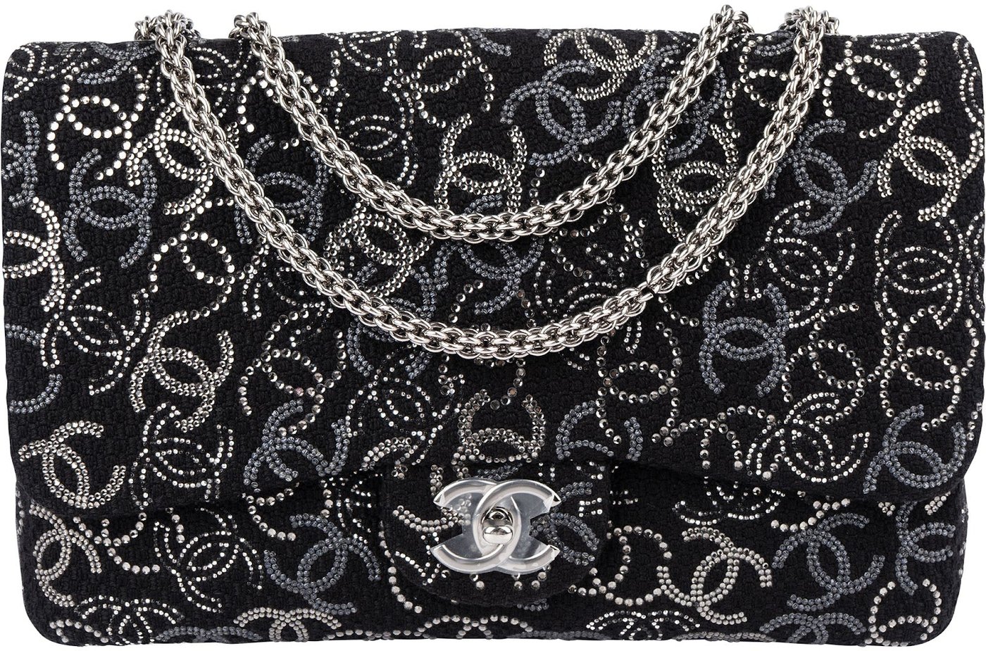 Chanel Sequin Tweed Palladium CC Jumbo Double Flap Crossbody Bag