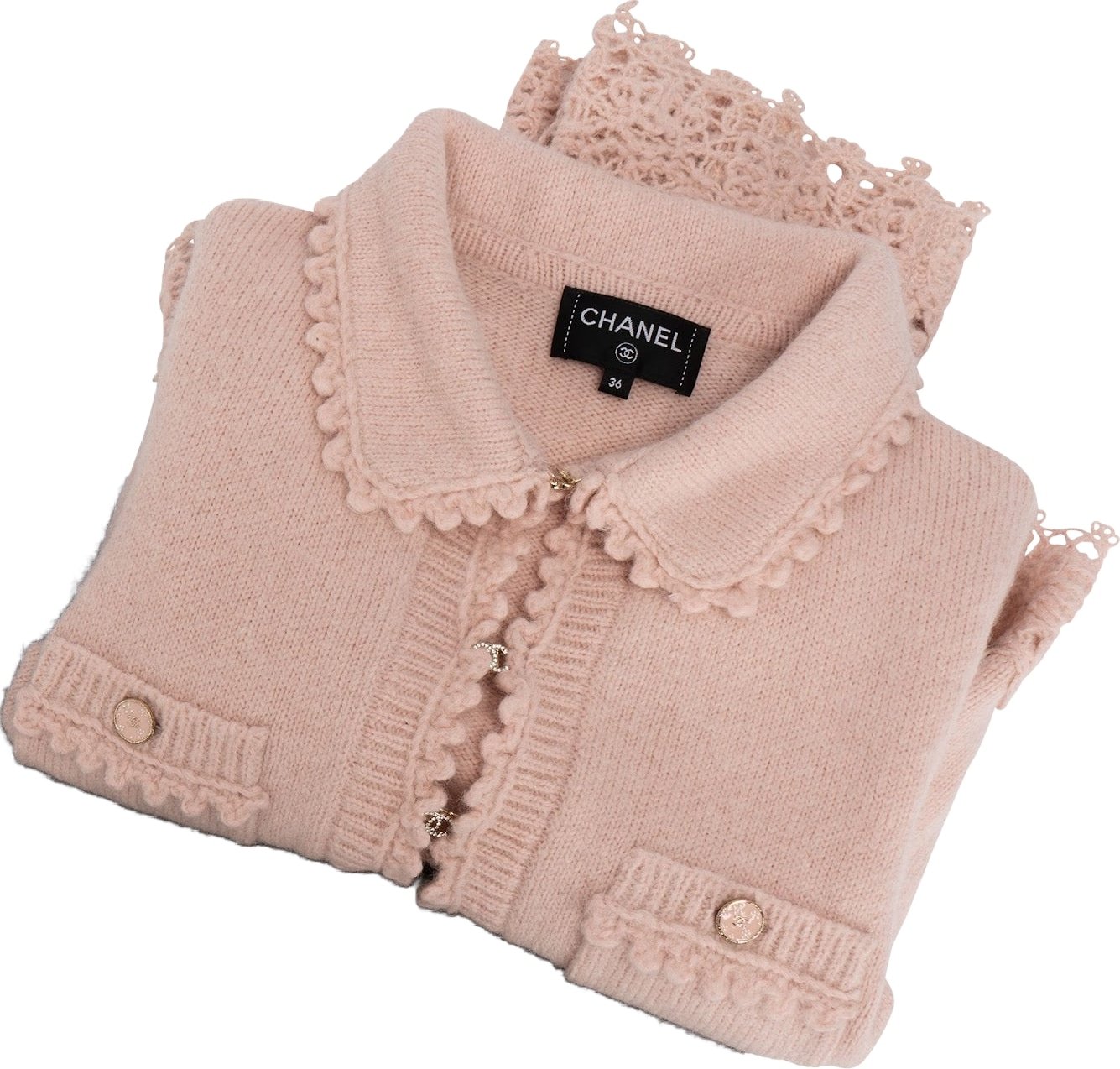 Chanel 2026SS Pink Cashmere CC Buttons Crochet Cropped Cardigan (FR36)