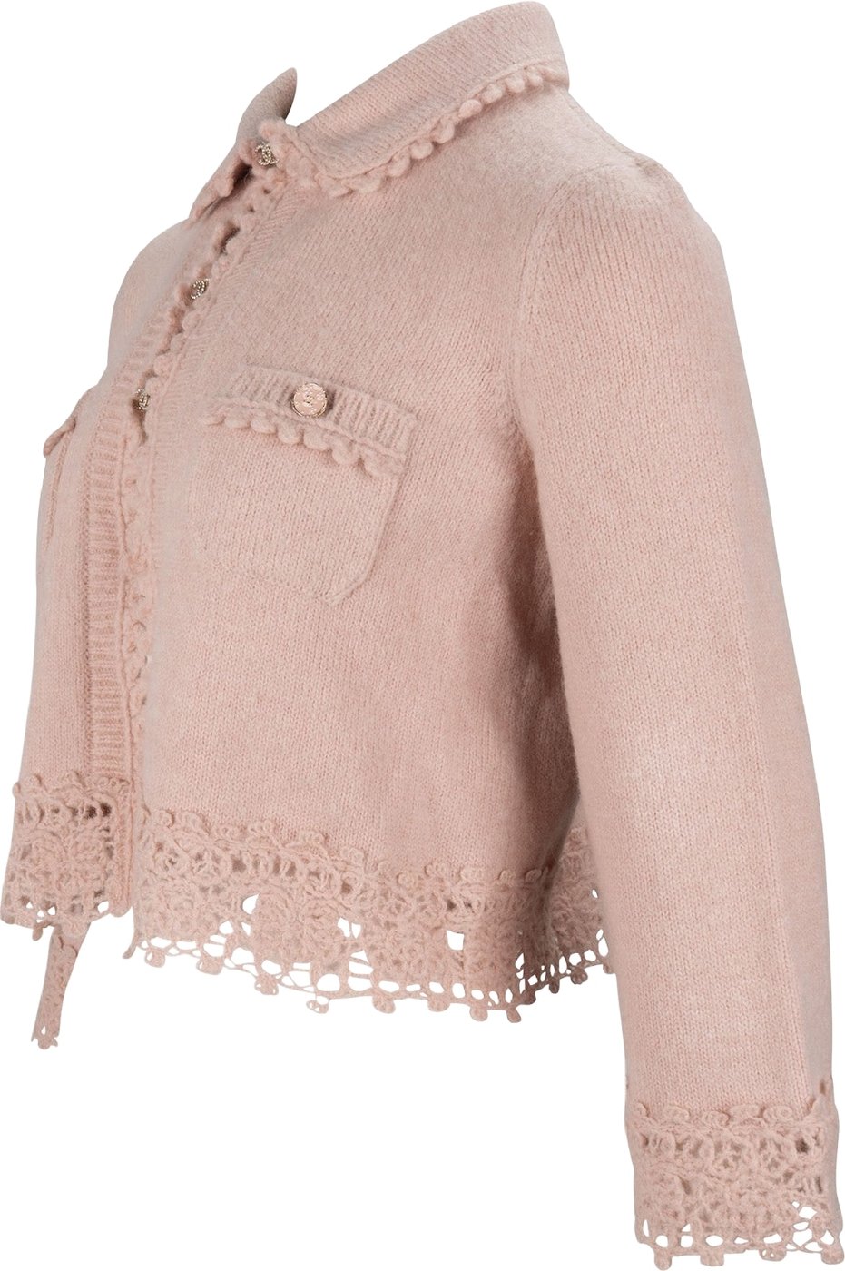 Chanel 2026SS Pink Cashmere CC Buttons Crochet Cropped Cardigan (FR36)