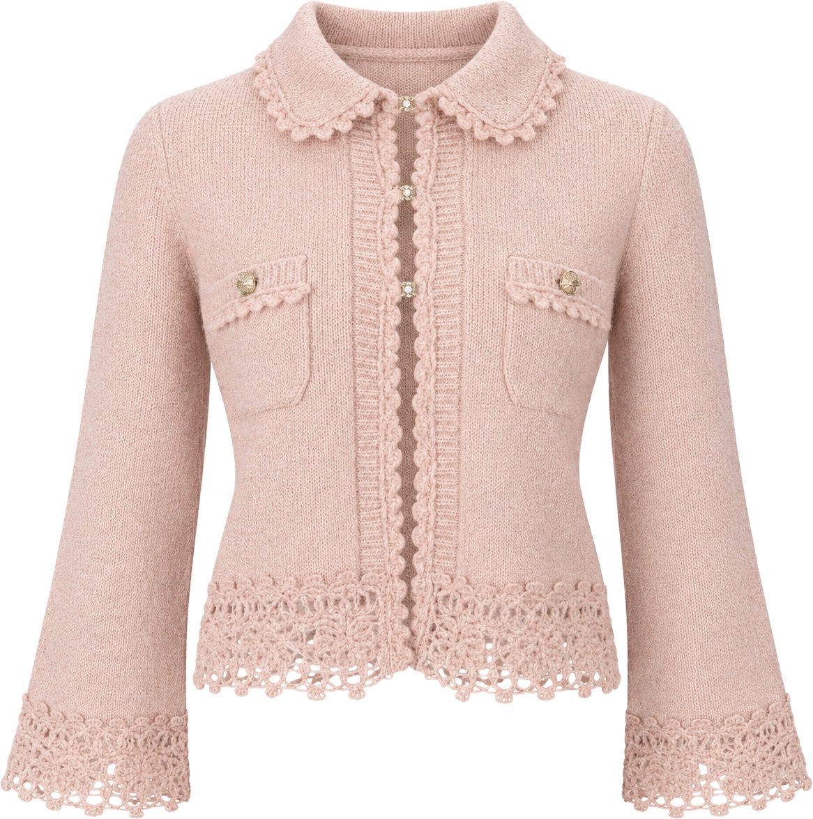 Chanel 2026SS Pink Cashmere CC Buttons Crochet Cropped Cardigan (FR36)