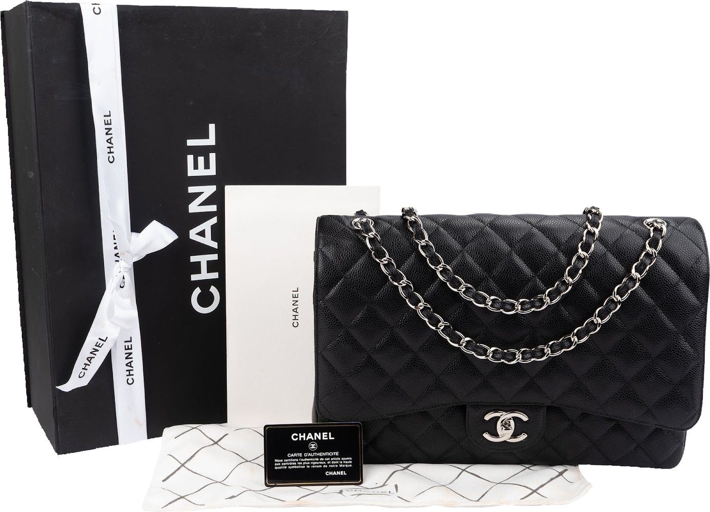 Chanel Quilted Caviar Leather Palladium Maxi Double Flap Crossbody Bag