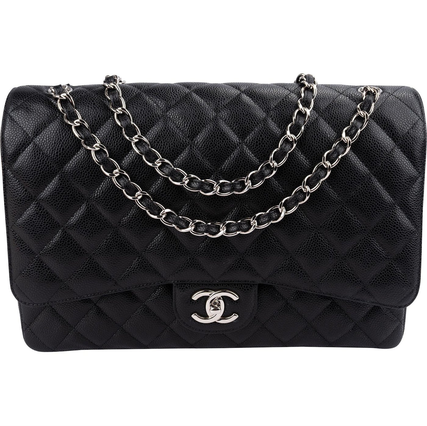 Chanel Quilted Caviar Leather Palladium Maxi Double Flap Crossbody Bag