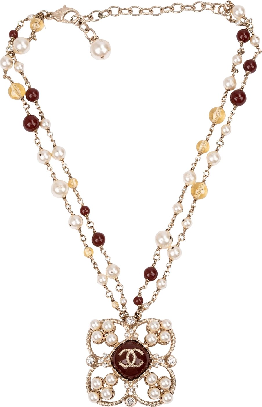 Chanel Double-Strand Gold Pearl Beads Cross Flower Pendant Necklace