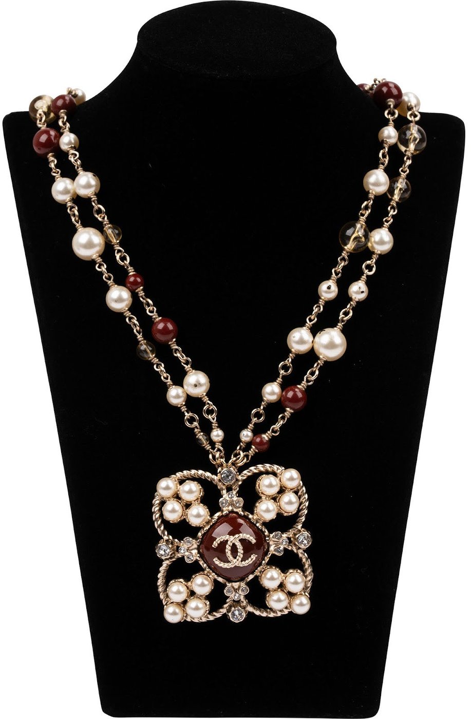 Chanel Double-Strand Gold Pearl Beads Cross Flower Pendant Necklace