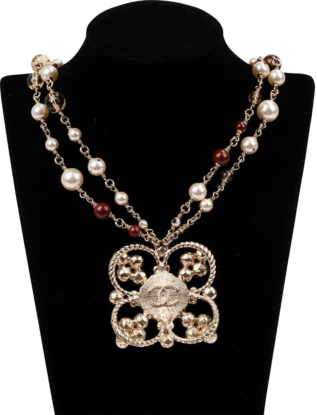 Chanel Double-Strand Gold Pearl Beads Cross Flower Pendant Necklace