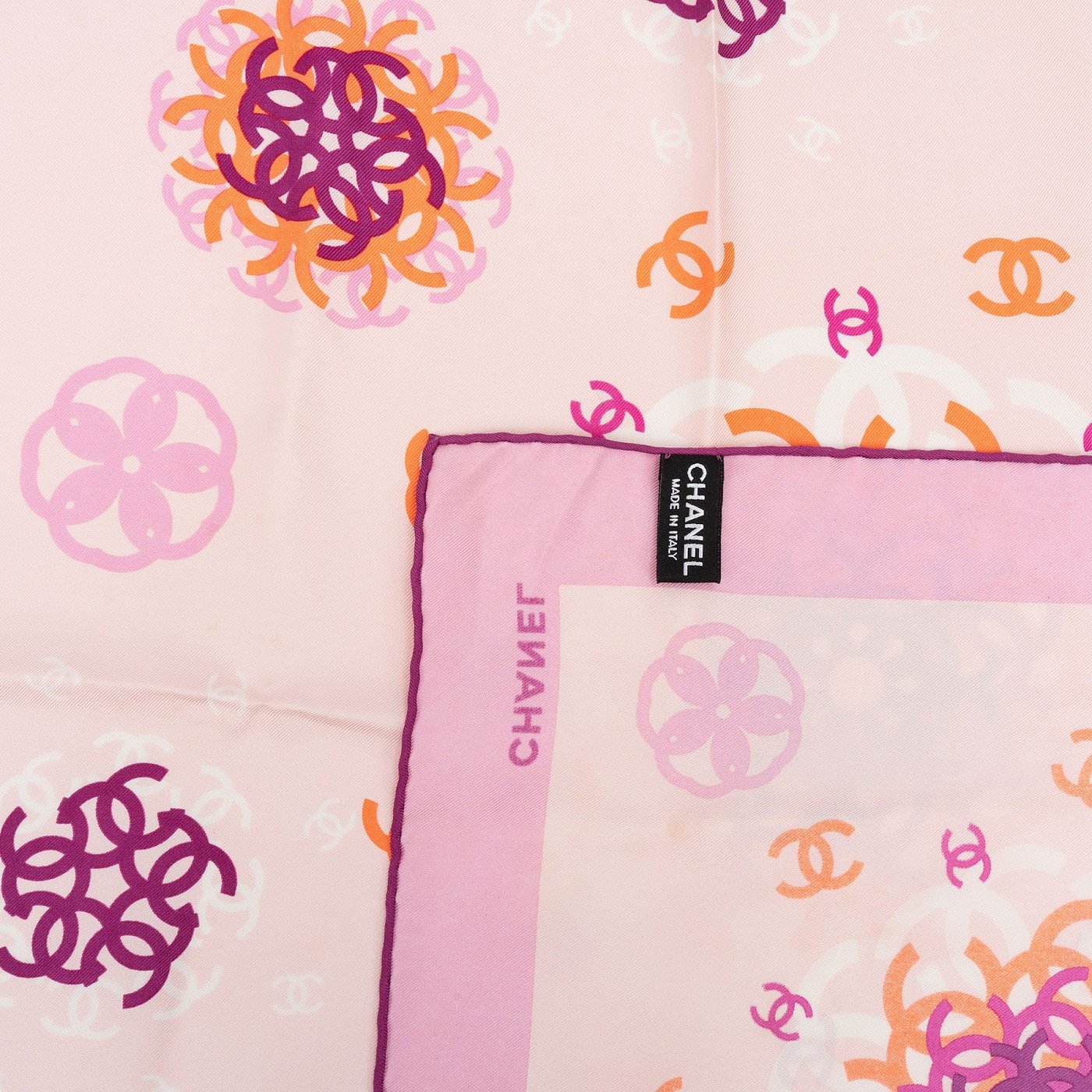 Chanel Pink CC Flower Medallions Silk 90 Scarf Tuch