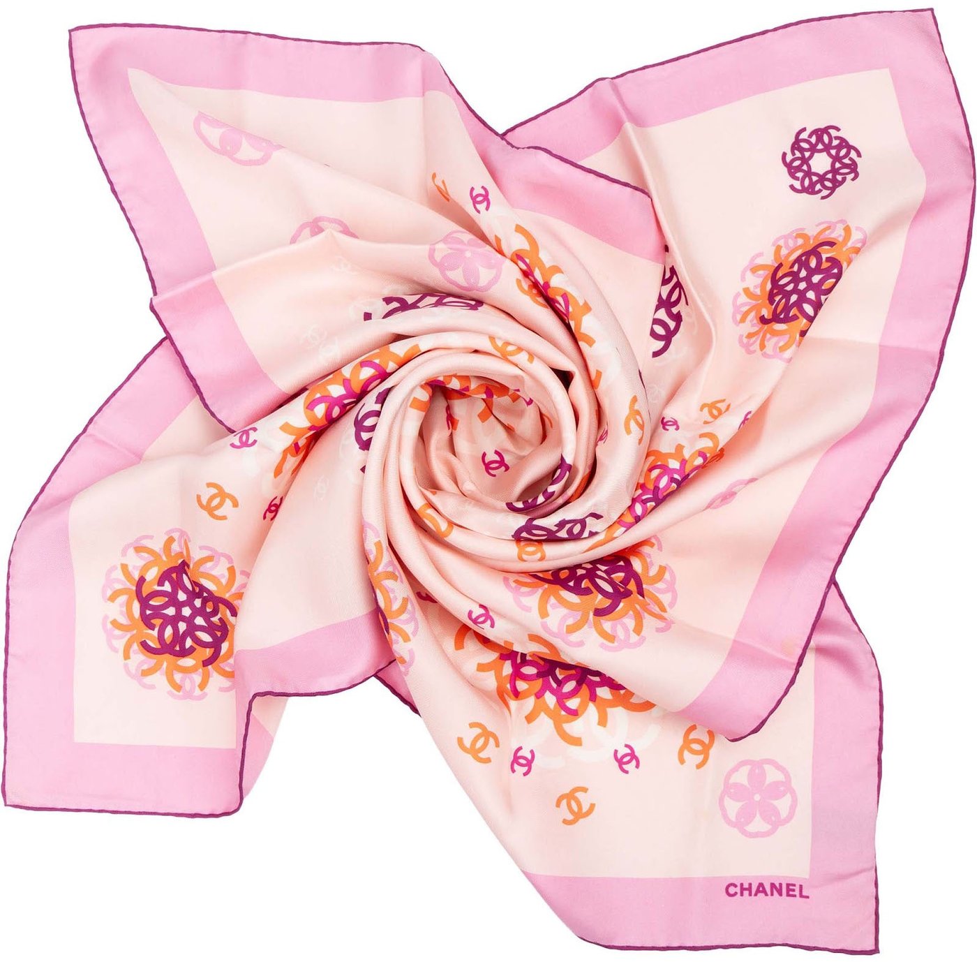 Chanel Pink CC Flower Medallions Silk 90 Scarf Tuch