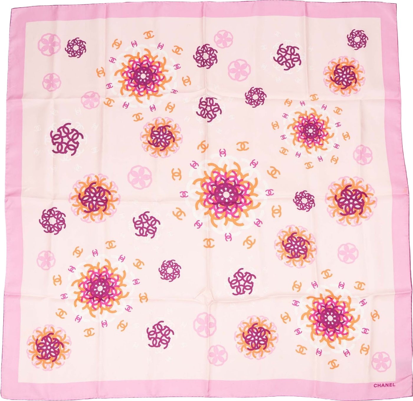 Chanel Pink CC Flower Medallions Silk 90 Scarf Tuch