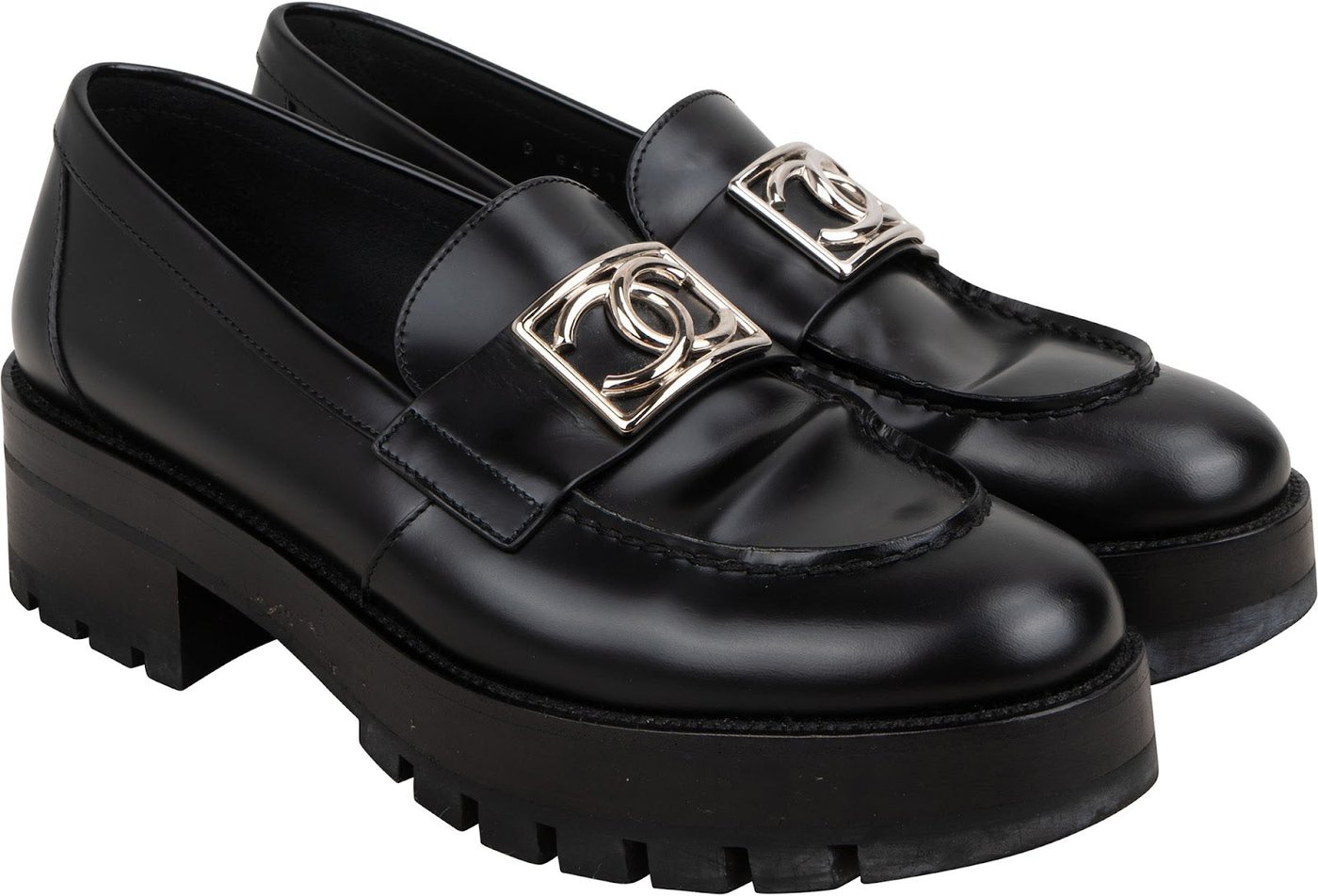 Chanel Black Brushed Leather CC Platform Loafers (38)