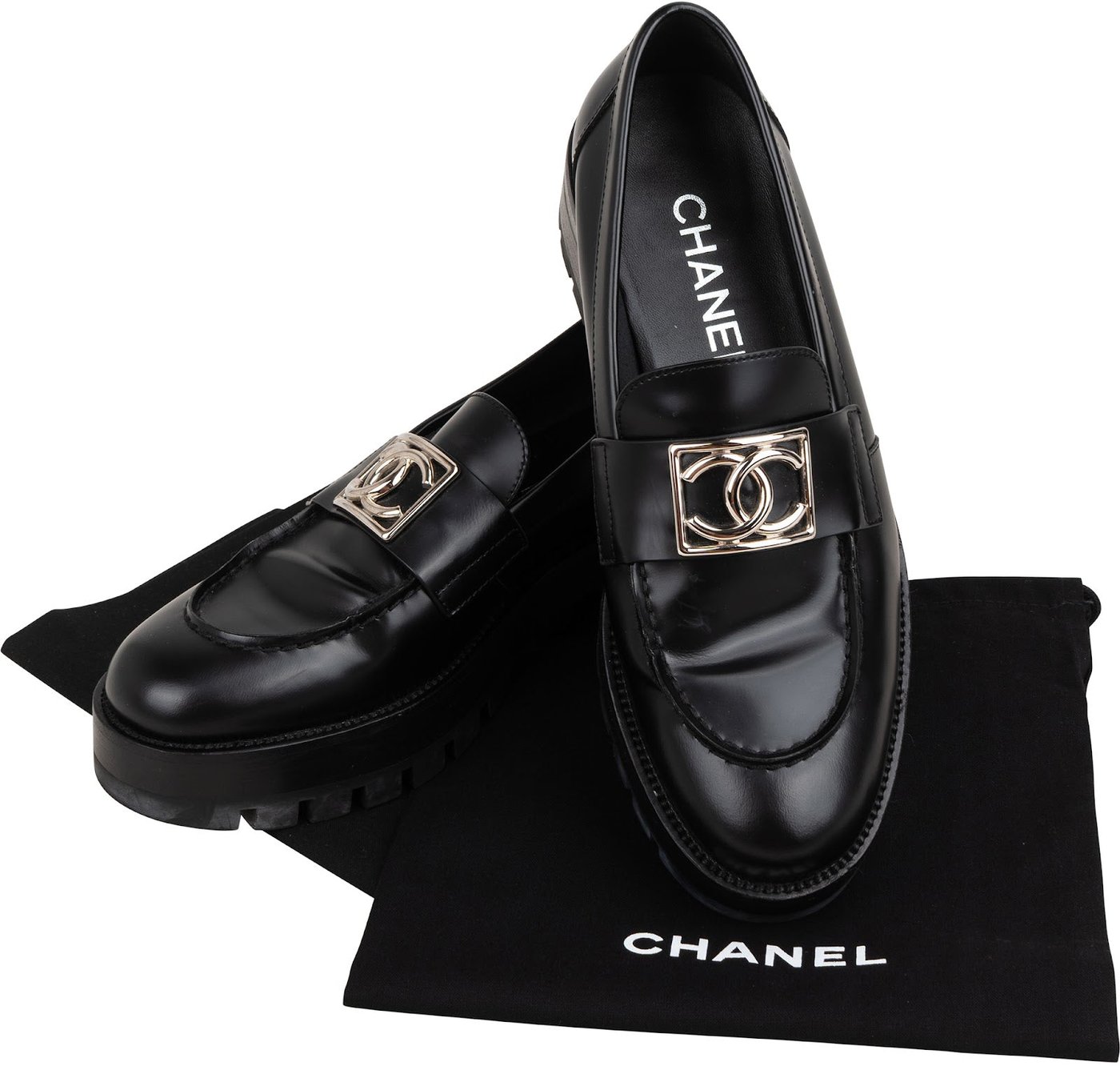 Chanel Black Brushed Leather CC Platform Loafers (38)