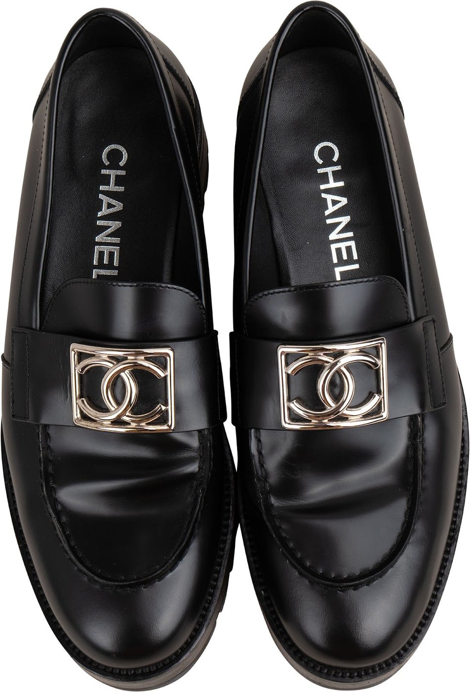 Chanel Black Brushed Leather CC Platform Loafers (38)