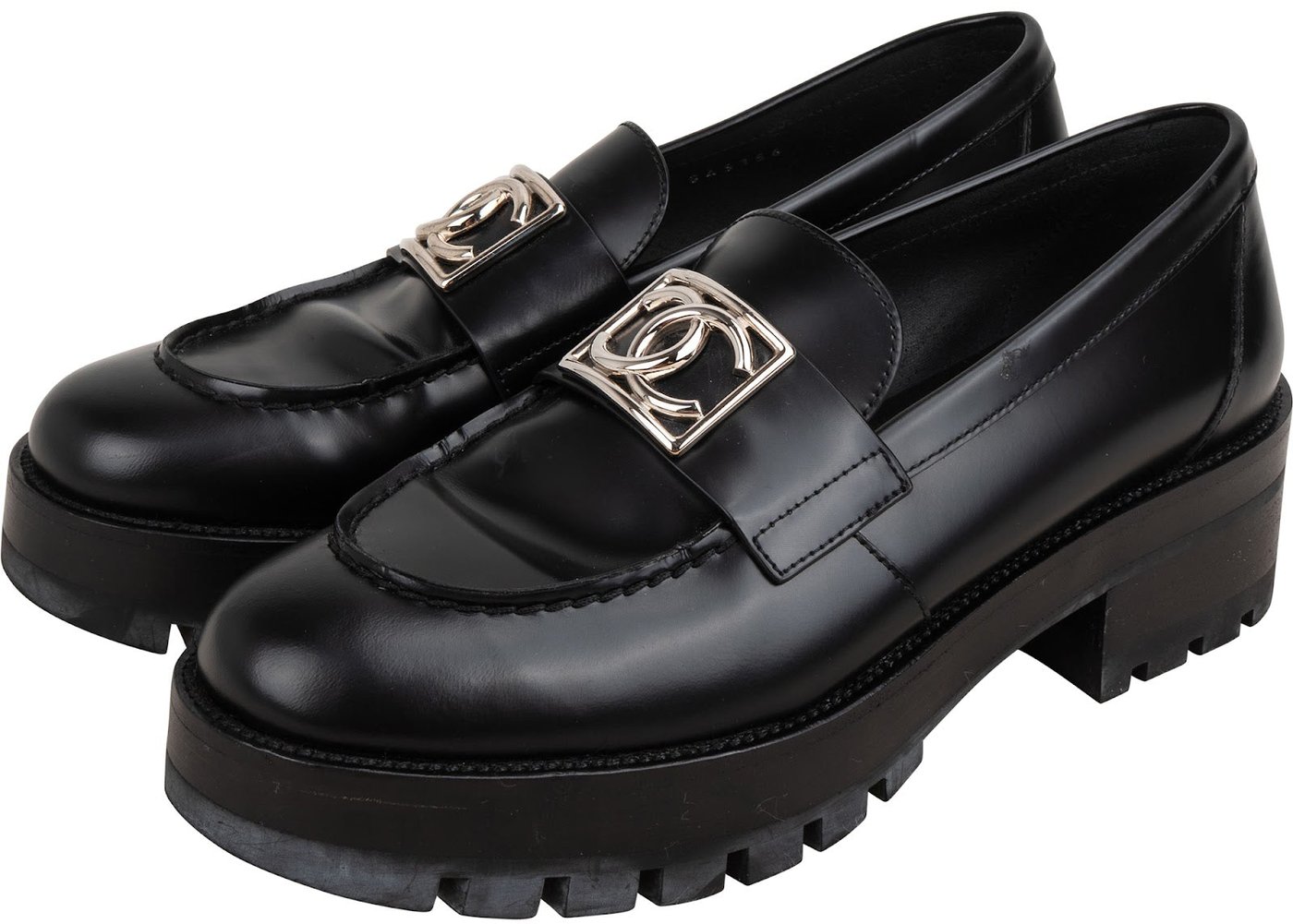 Chanel Black Brushed Leather CC Platform Loafers (38)