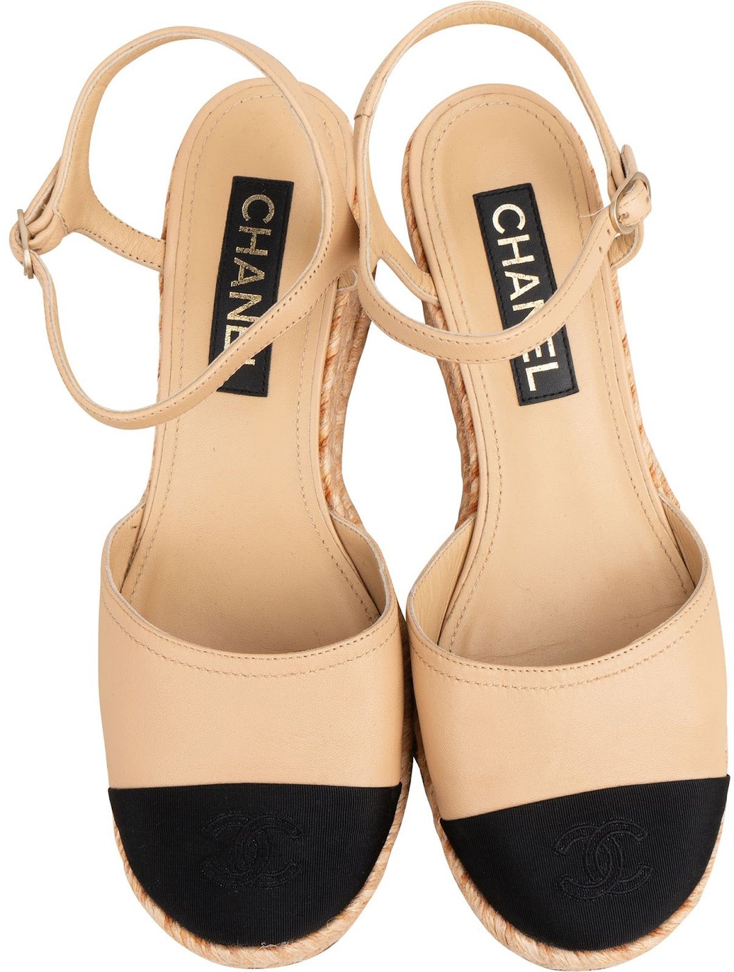 Chanel Beige Leather Cap Toe CC Tweed Wedge Espadrilles Sandals (40)
