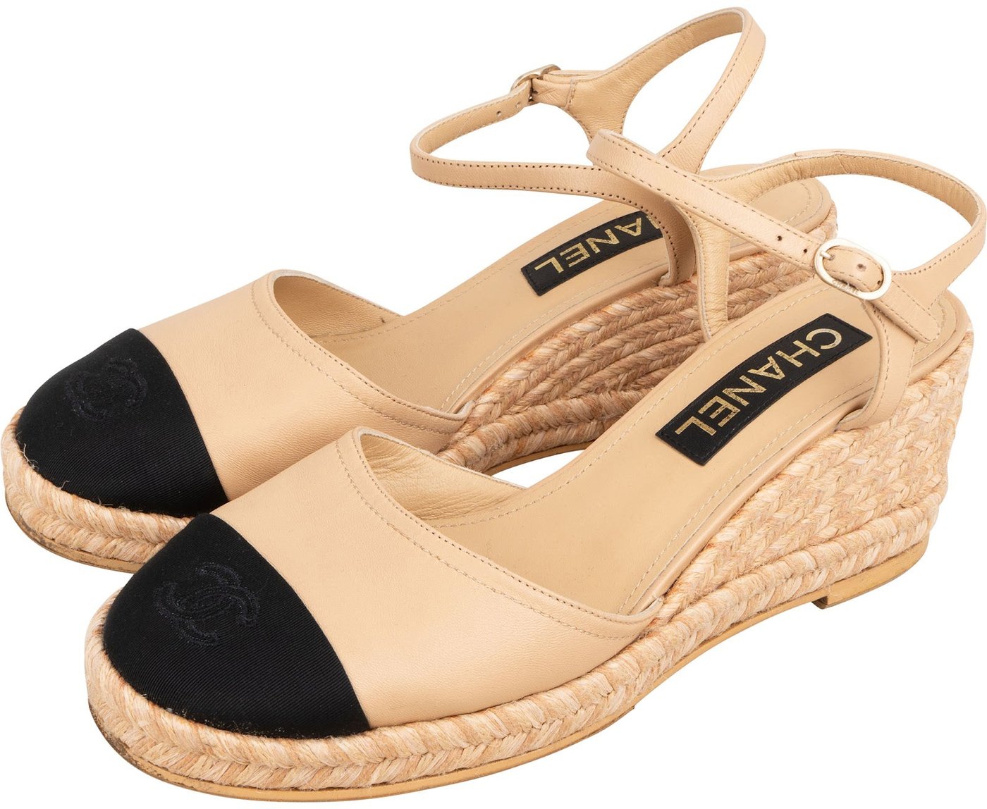 Chanel Beige Leather Cap Toe CC Tweed Wedge Espadrilles Sandals (40)