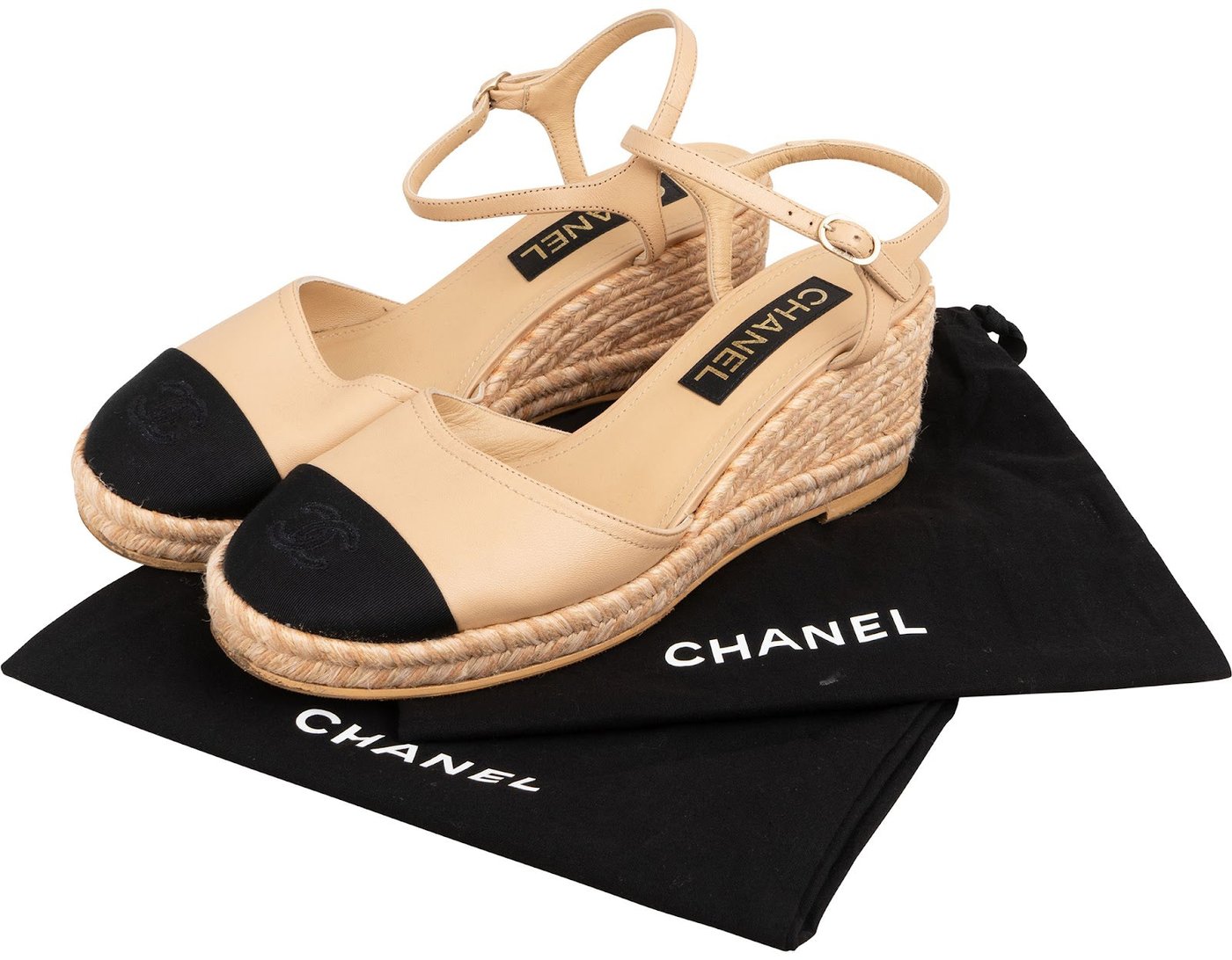 Chanel Beige Leather Cap Toe CC Tweed Wedge Espadrilles Sandals (40)