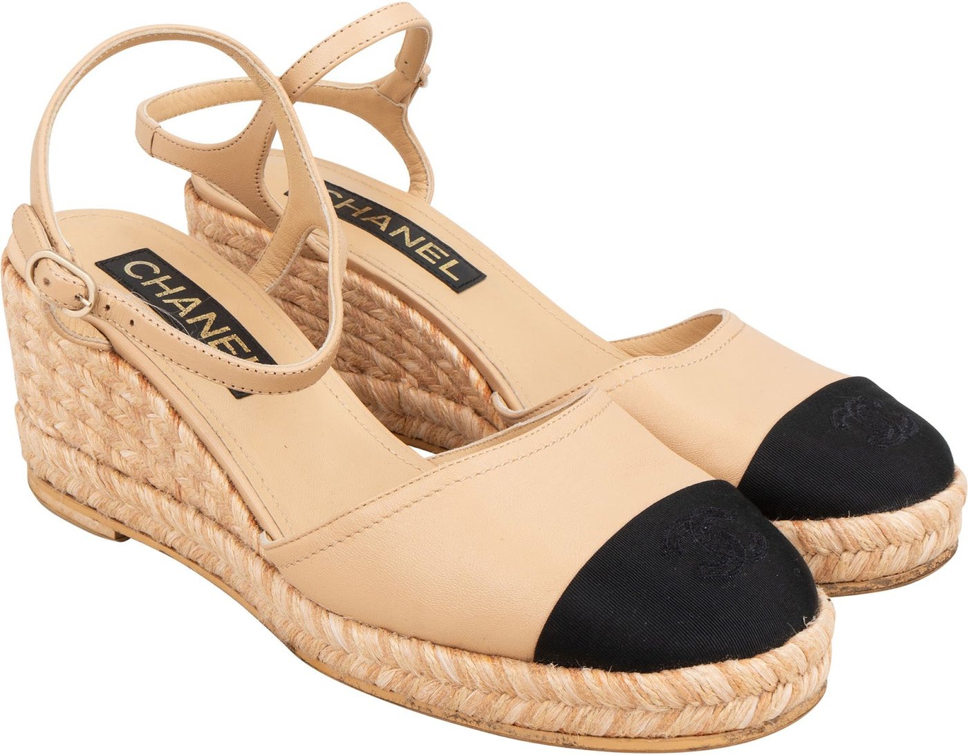 Chanel Beige Leather Cap Toe CC Tweed Wedge Espadrilles Sandals (40)