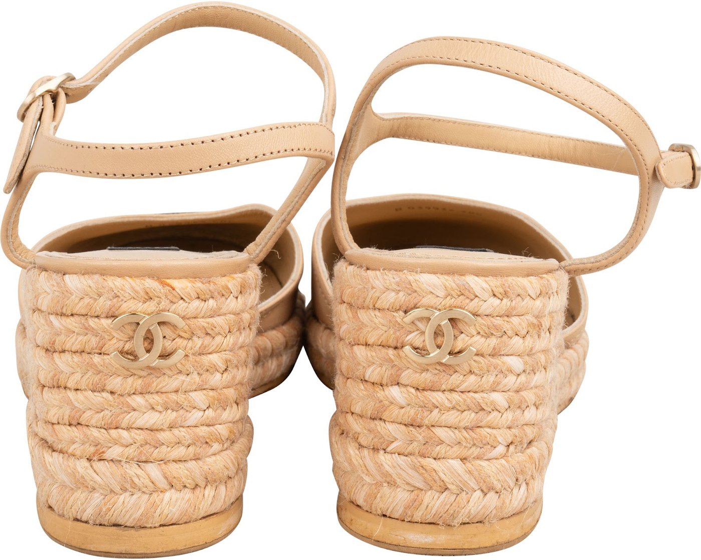 Chanel Beige Leather Cap Toe CC Tweed Wedge Espadrilles Sandals (40)