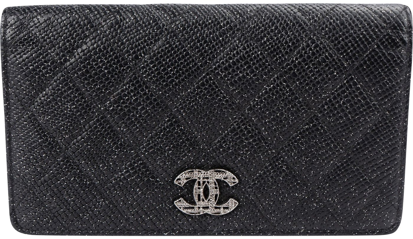 Chanel Glitter Quilted Caviar Leather Strass CC Long Bifold Wallet
