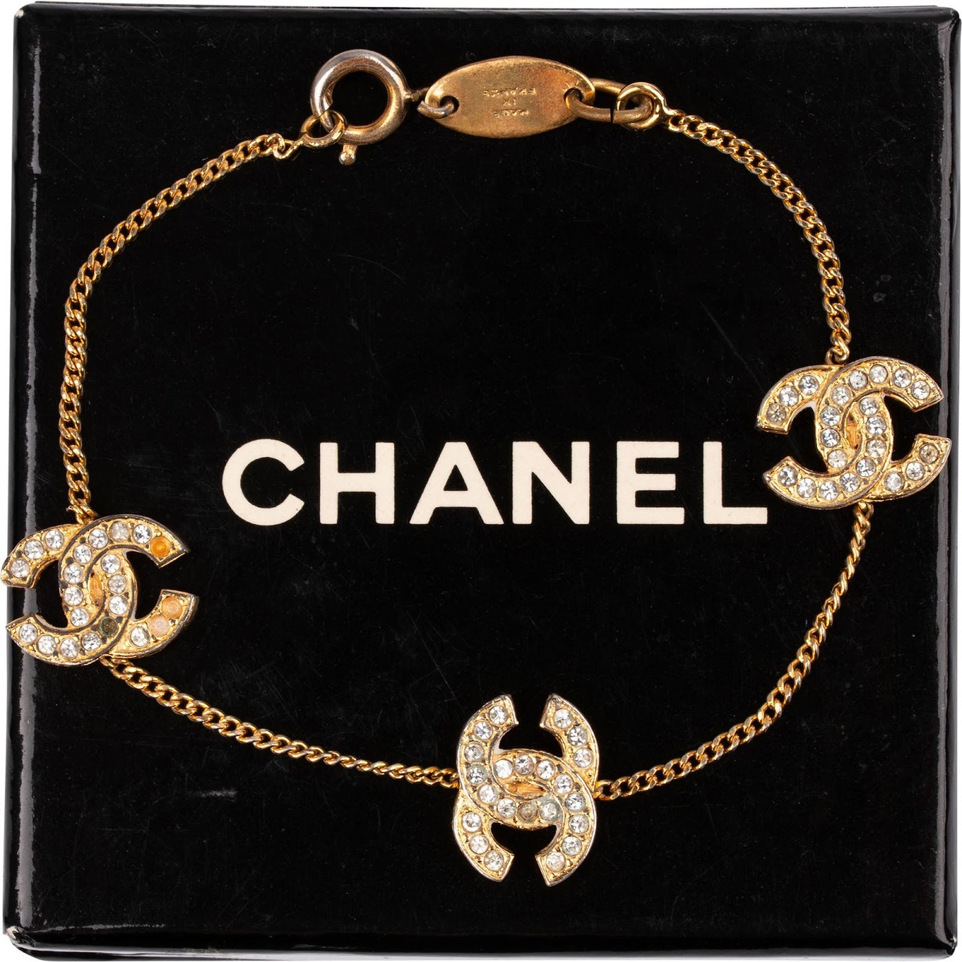 Chanel Vintage 1982 Crystal CC Emblem Charm Bracelet Armband