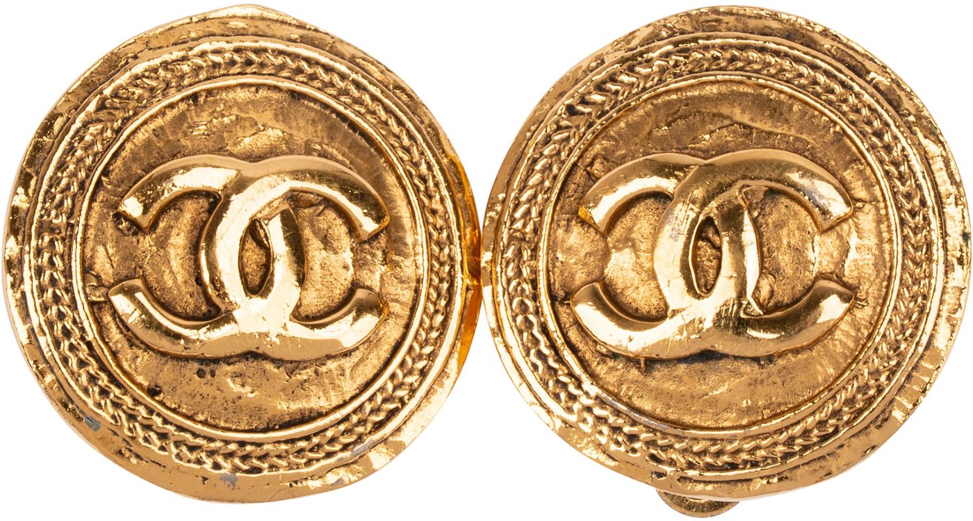 Chanel Vintage Gold Tone CC Emblem Clip-On Earrings