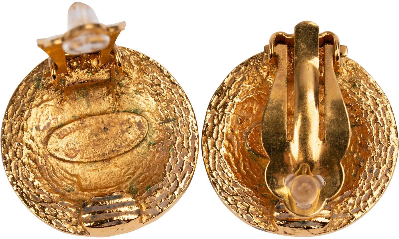 Chanel Vintage Gold Tone CC Emblem Clip-On Earrings